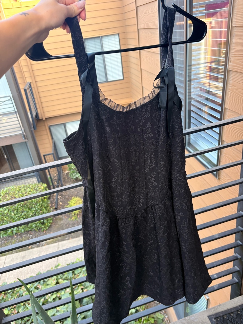goth vibes black floral textured mini dress with ribbon straps
